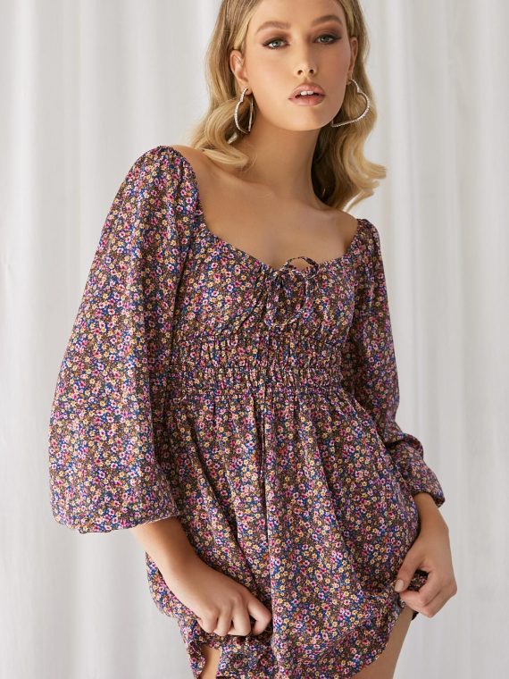 SHEIN Square Neck Flounce Sleeve Ditsy Floral Dress